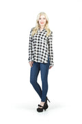 WHITE/BLACK Check Plaid Tab Sleeve Button Up Side Split Blouse