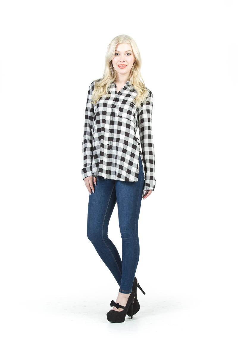WHITE/BLACK Check Plaid Tab Sleeve Button Up Side Split Blouse