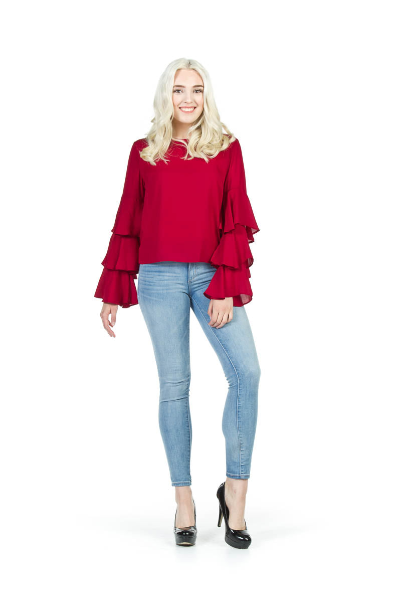 red Tiered Ruffle Sleeve Georgette Blouse