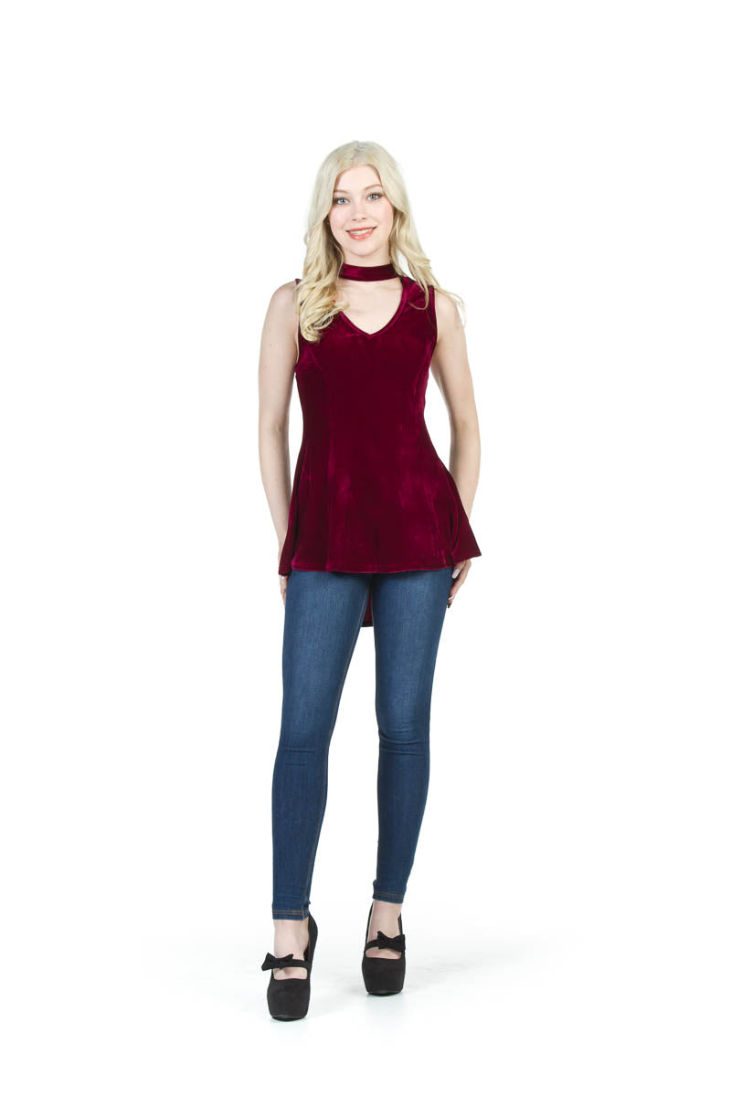 WINE Velvet Peplum Top  with choker Detail