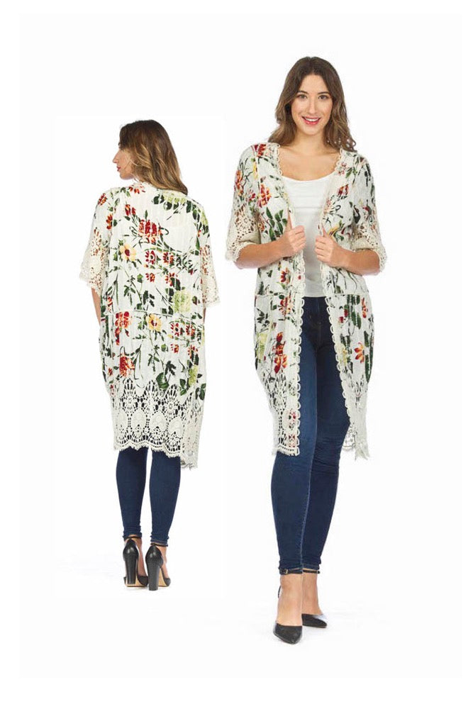 Cream Floral and Crochet Midi Lace Duster