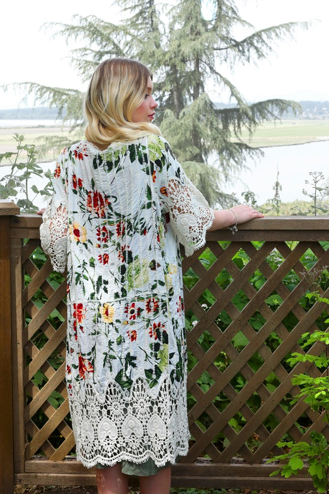 Cream Floral and Crochet Midi Lace Duster