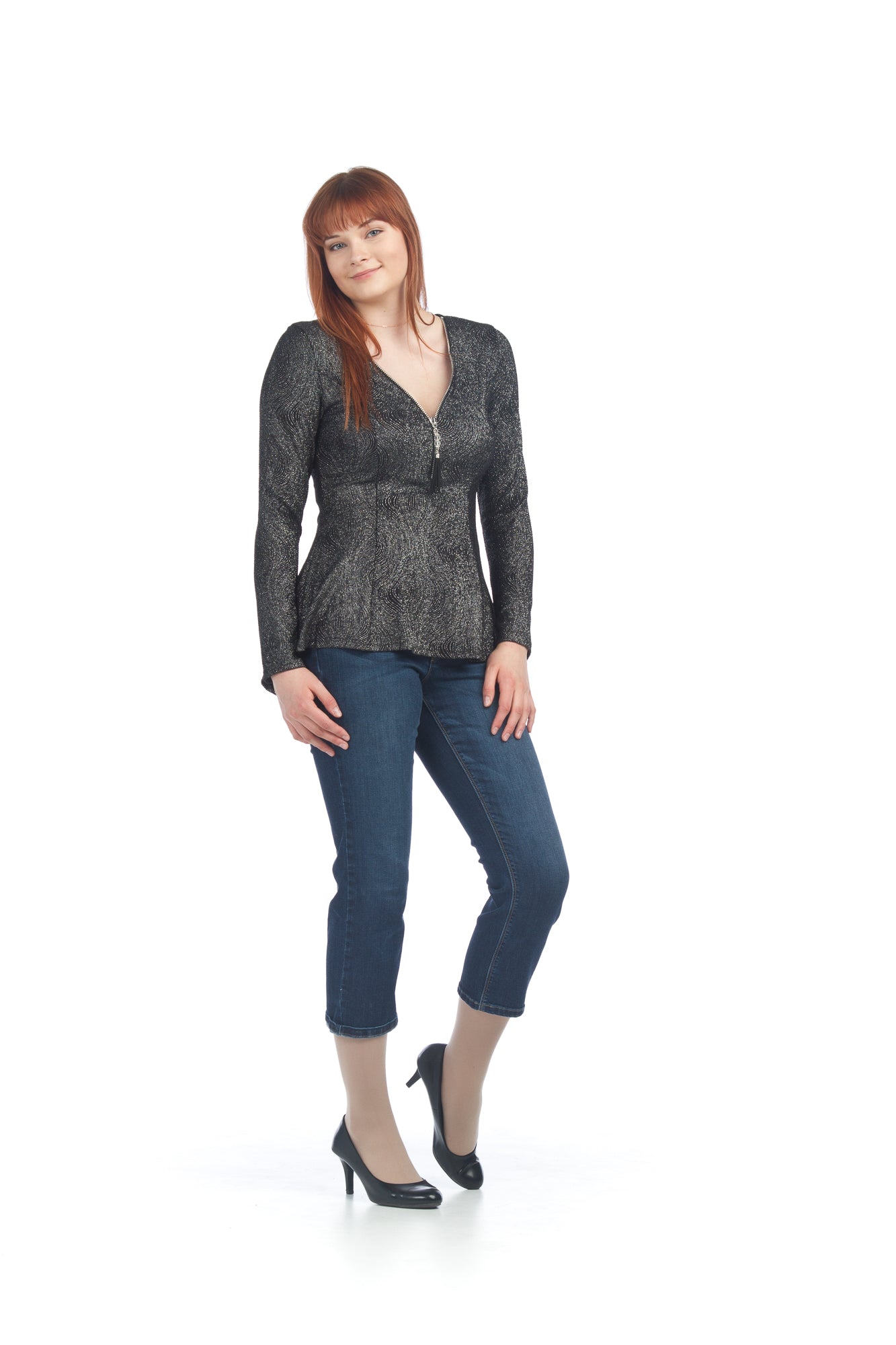 BLACK Lurex Peplum Style Blouse with Zipper Detail