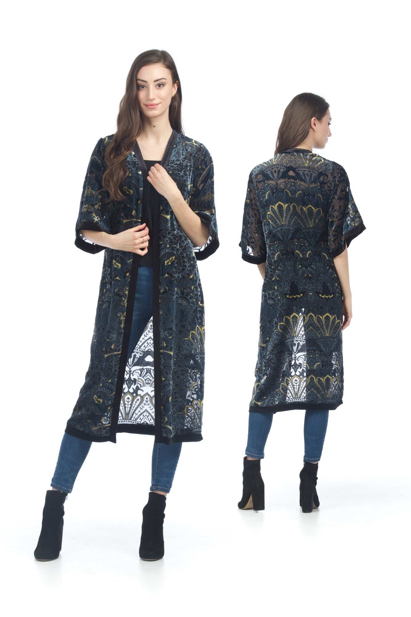 BLUE Velvet Burnout Duster with 3/4 Sleeves