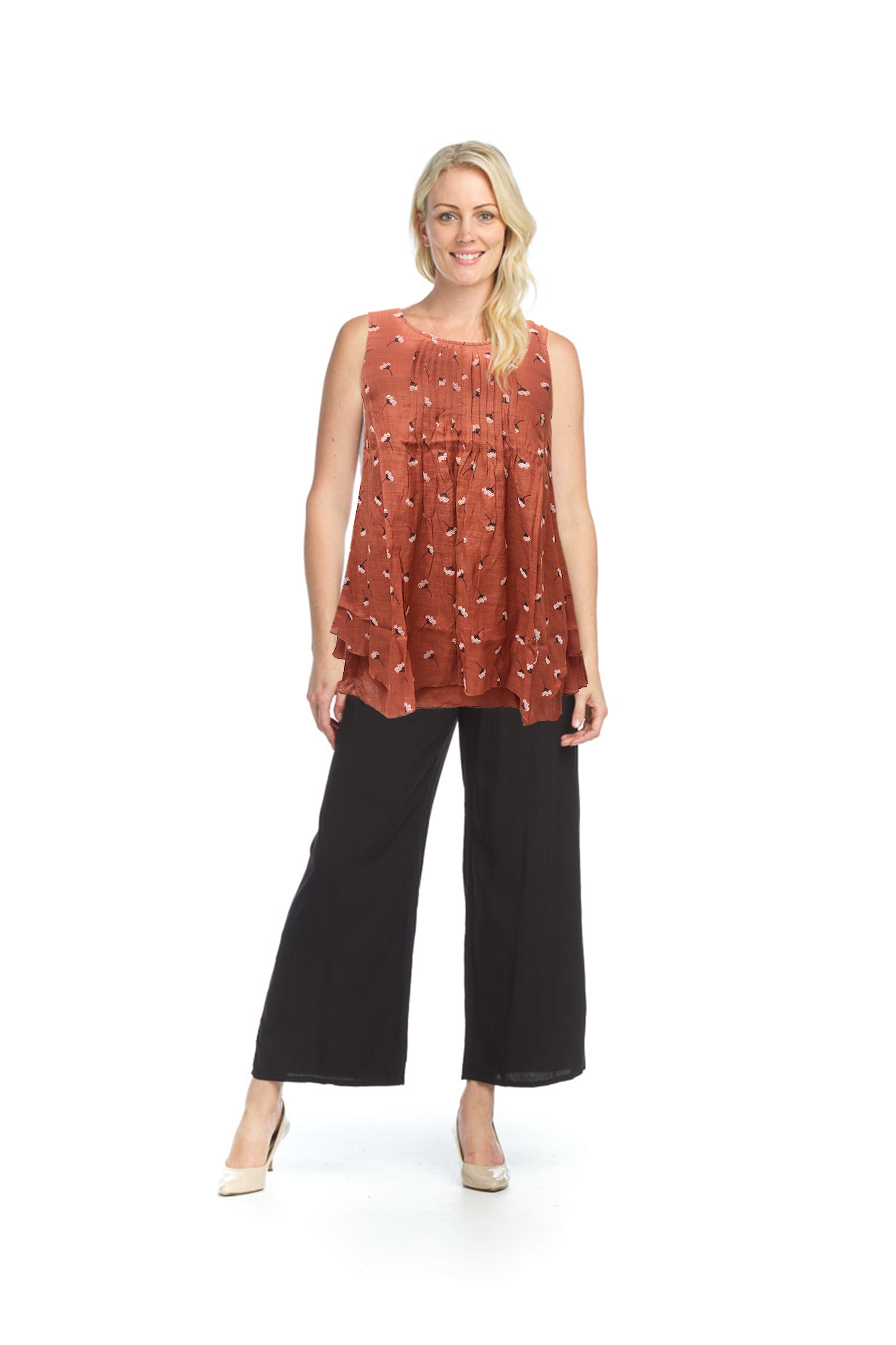 rust Floral Pleated Tunic