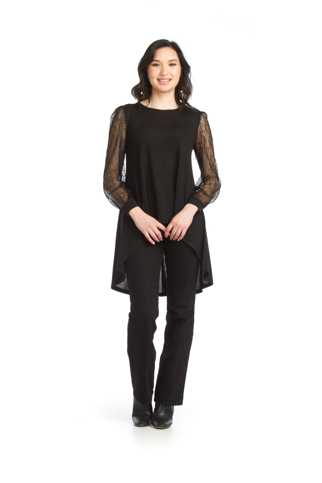 Black Knit High Low Tunic with Lace Sleeves