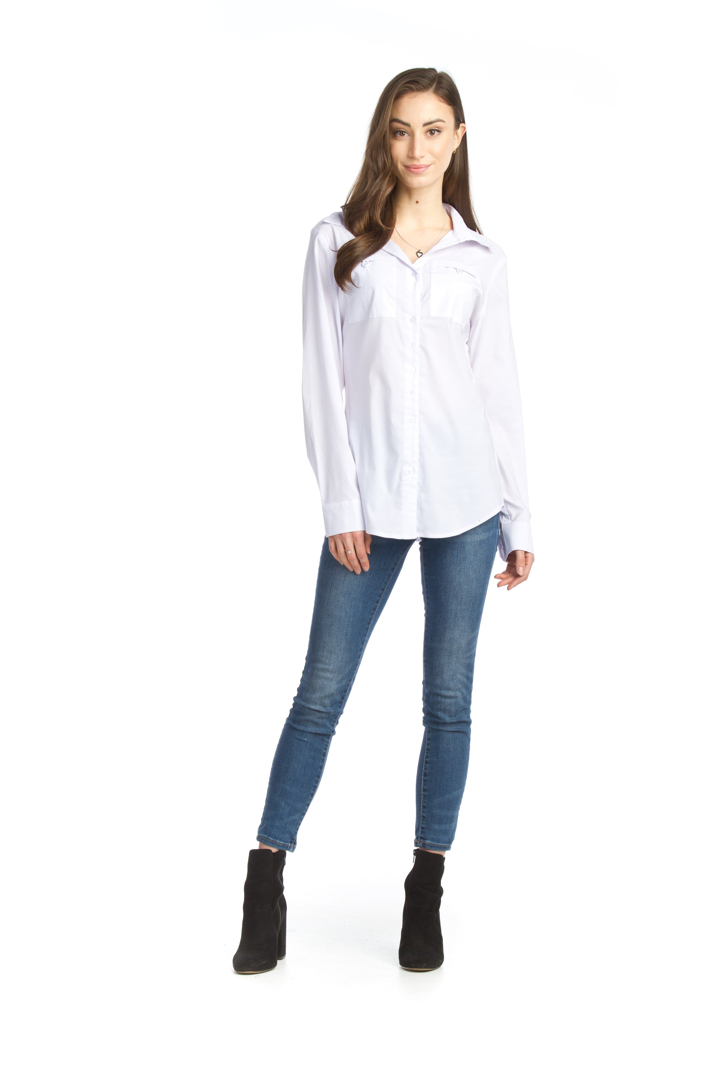 WHITE Collared Button Front Blouses with Stretch