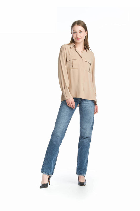 BEIGE Collared Button Front Blouses with Pockets