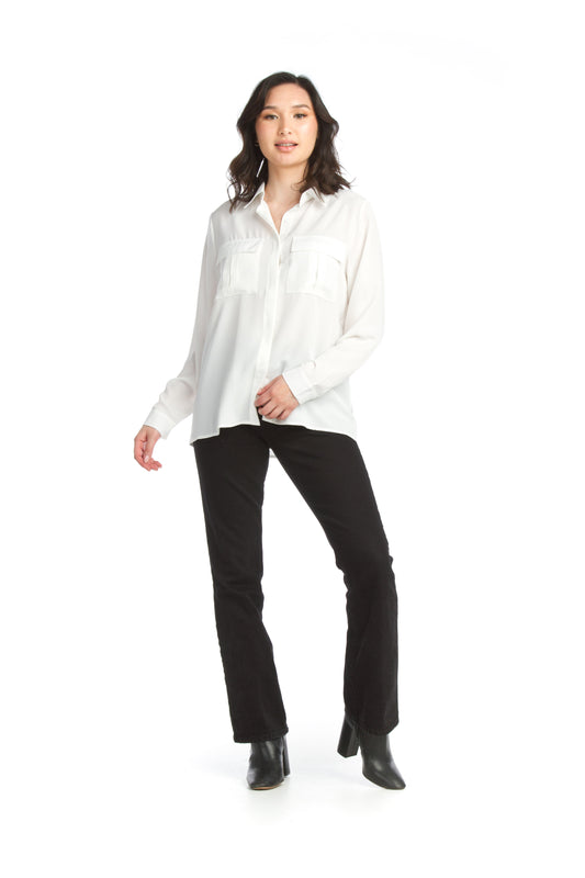 WHITE Collared Button Front Blouses with Pockets