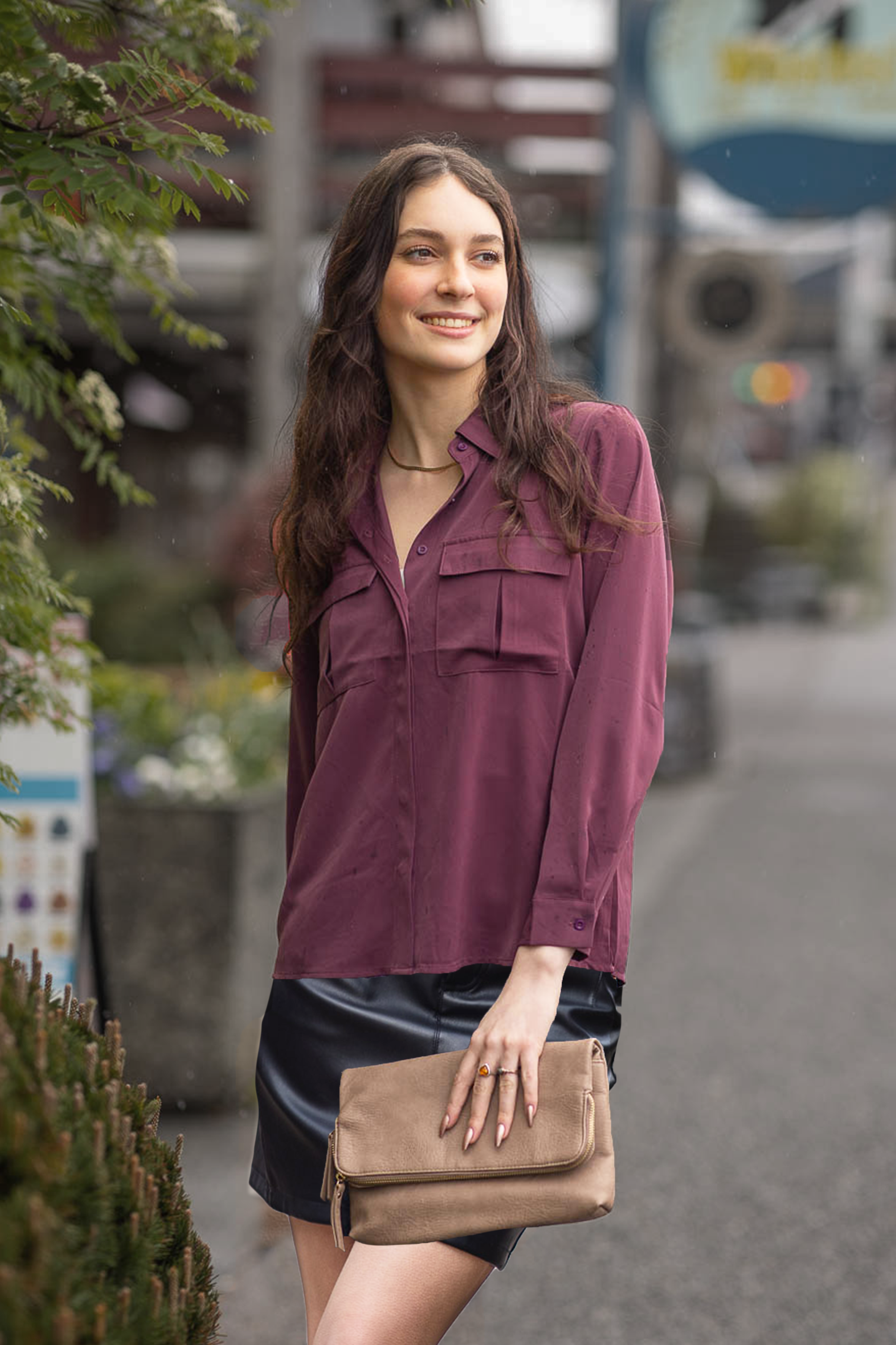 BEIGE Collared Button Front Blouses with Pockets