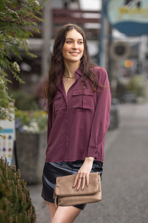 BEIGE Collared Button Front Blouses with Pockets
