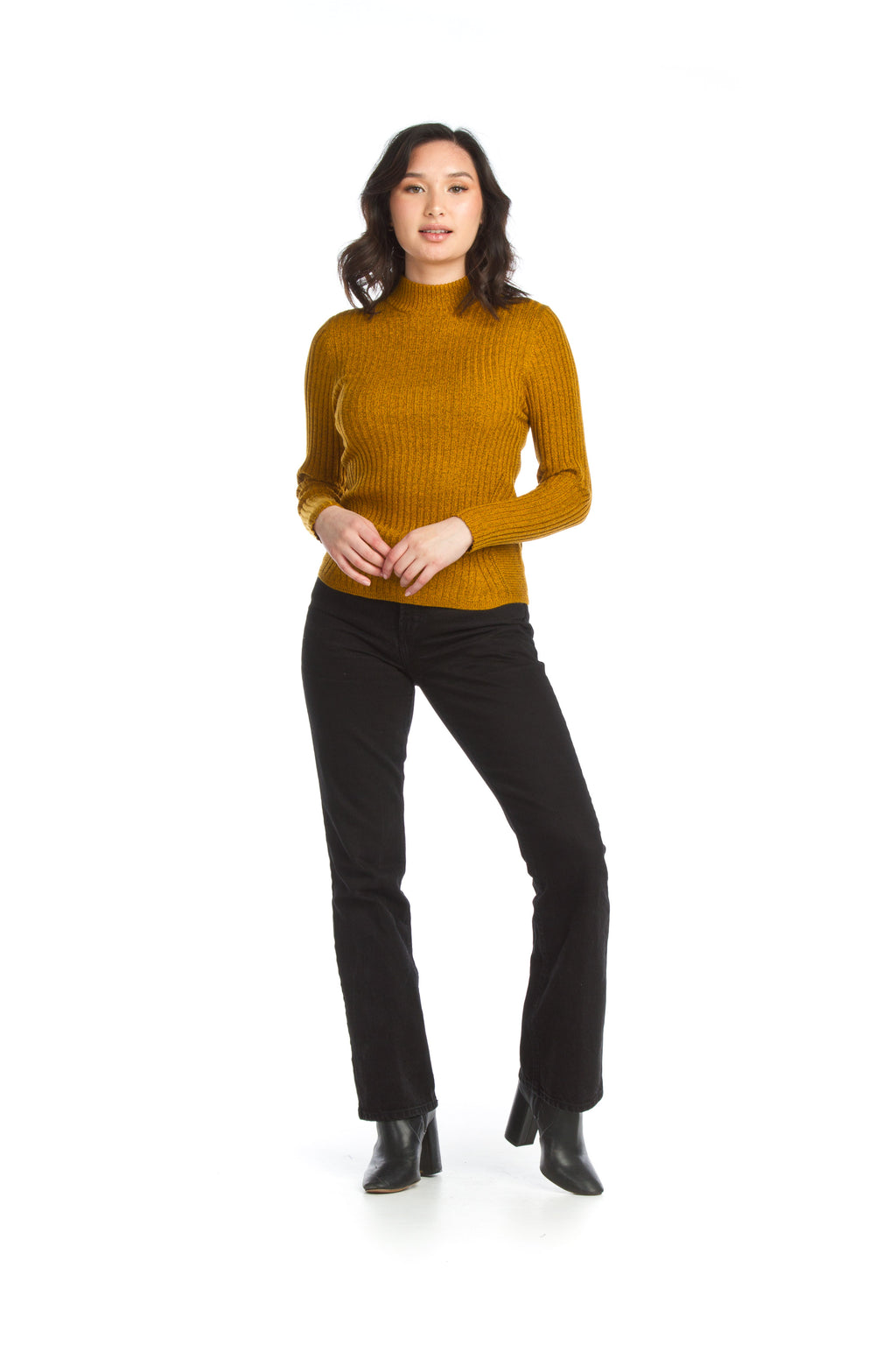mustard Ribbed Stretch Mock Neck Top