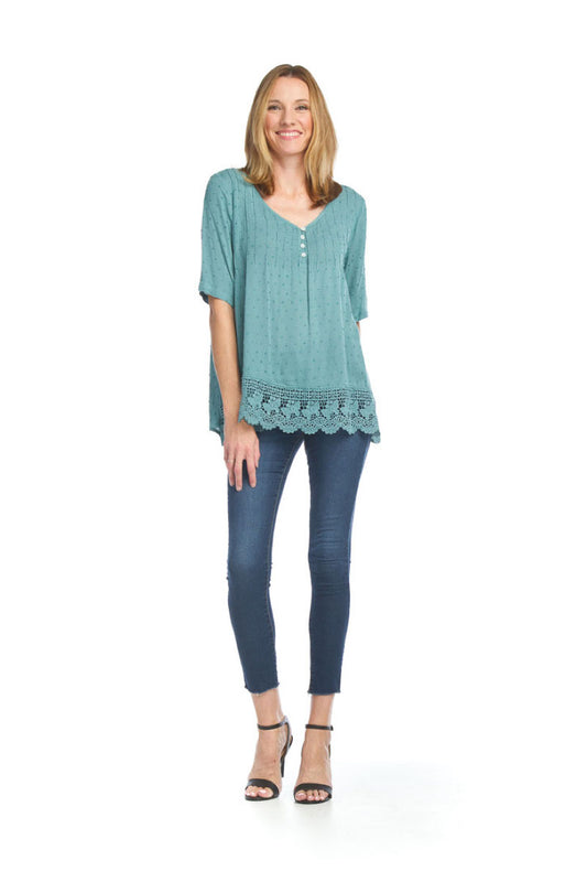 TEAL Pintuck Blouse with Lace Hem