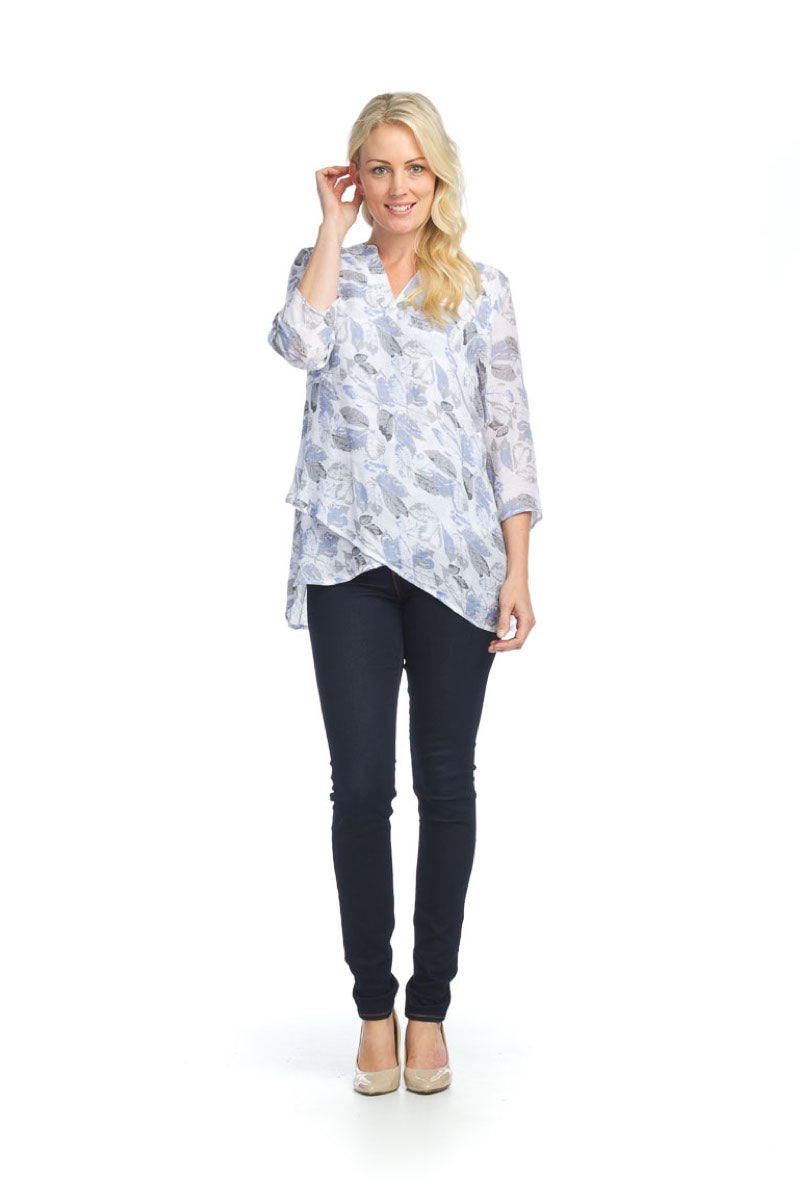 Blue Floral Textured Tab Sleeve Blouse