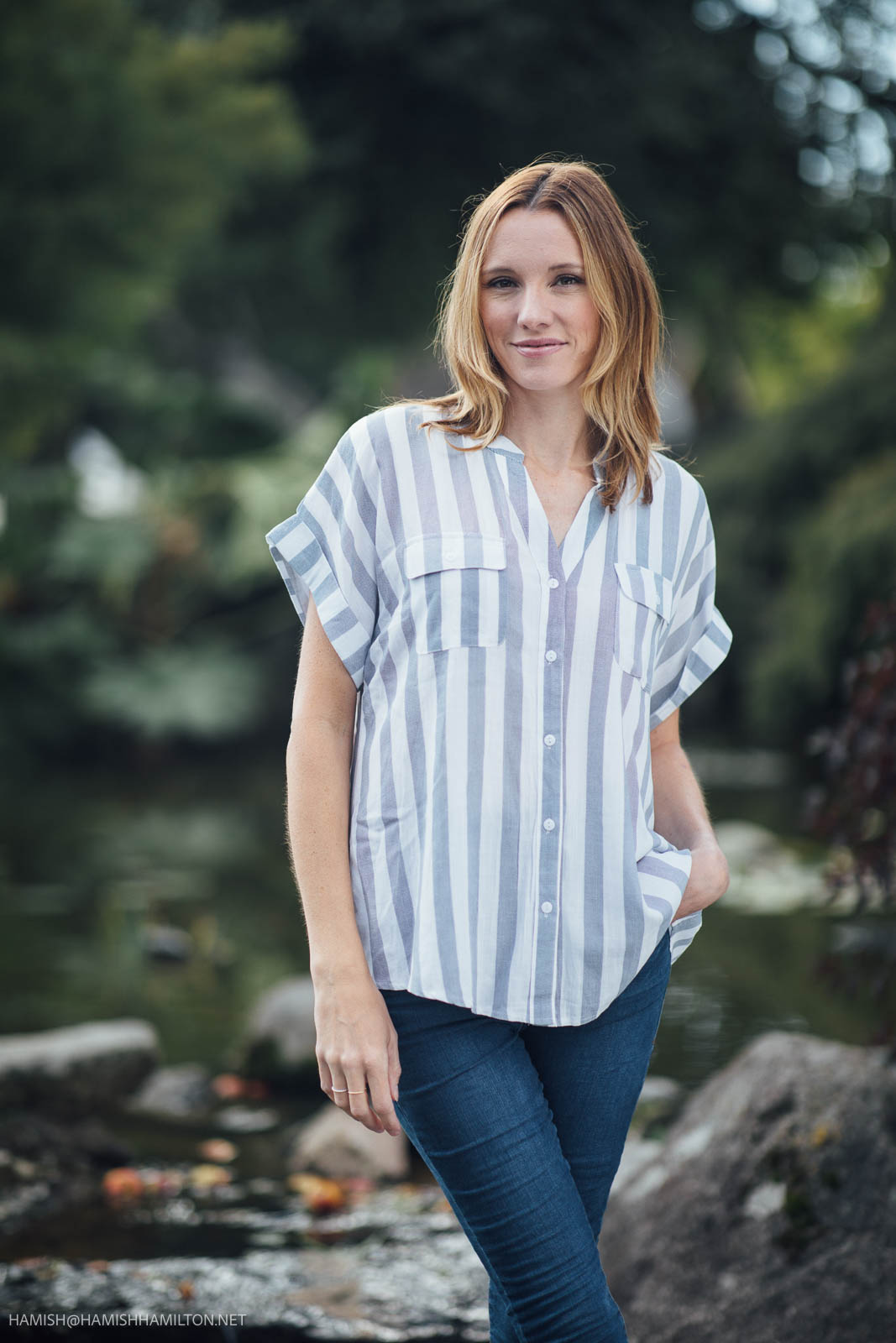 NAVY Striped dolman Sleeve Button Front Top