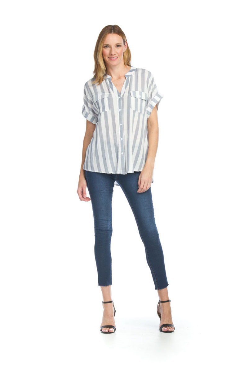 NAVY Striped dolman Sleeve Button Front Top