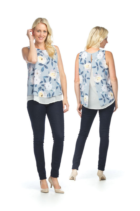 BLUE Floral Crepe Layered Blouse