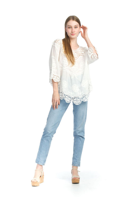 WHITE Crochet Cotton Blouse w Medallion Embroidery