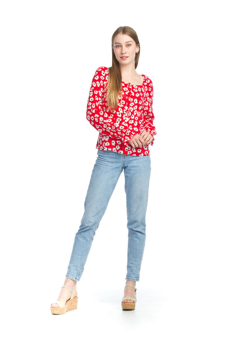 RED Button Front Floral OTS Blouse