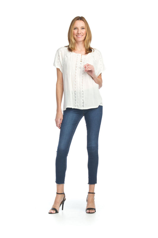 WHITE Pintuck Blouse with Lace Detail