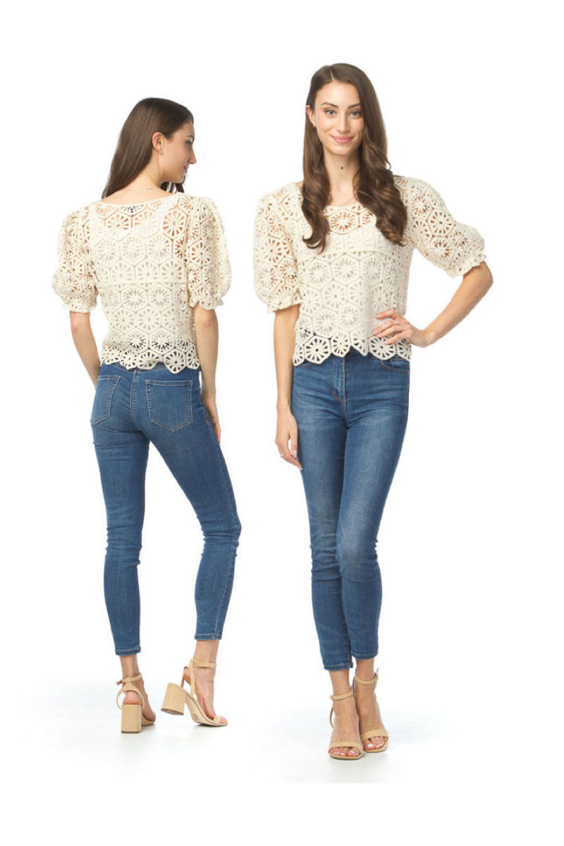 Cream Crochet Puff Sleeve Blouse