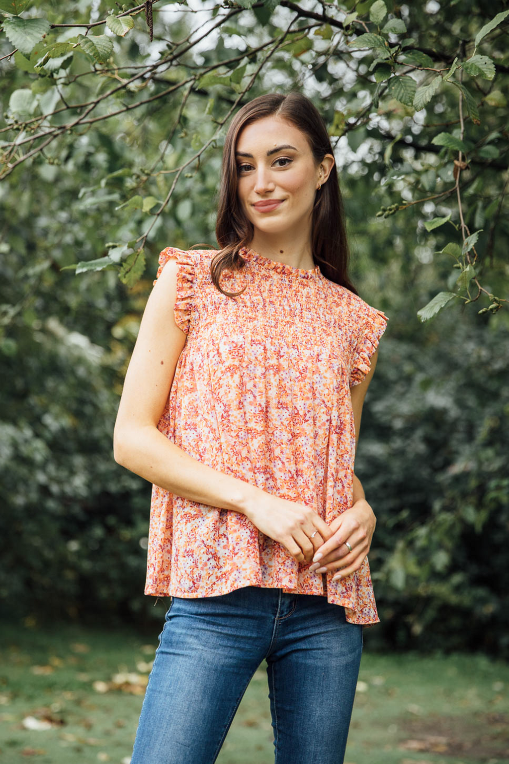 CORAL Ditsy floral Blosue with Ruffle Sleeves
