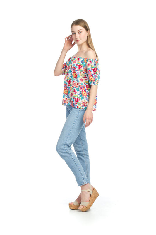 WHITE Multi Floral OTS Blouse with Puff Sleeves