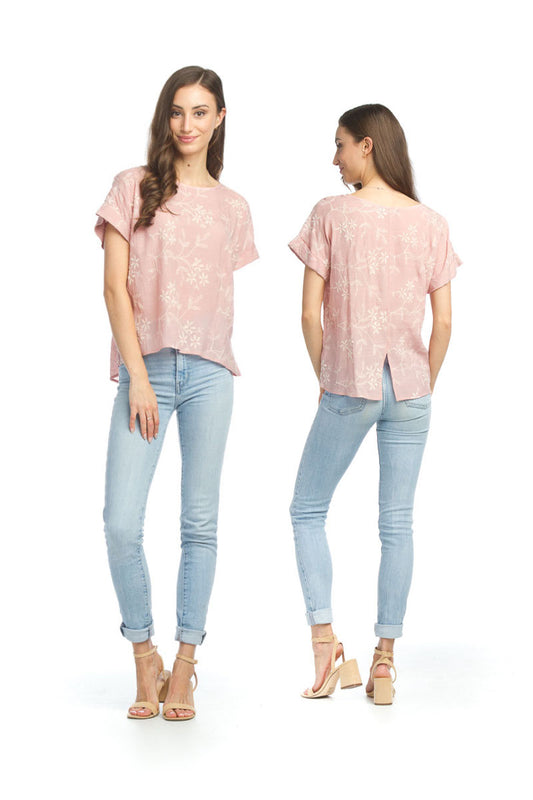 PINK Embroidered Floral Blouse with Back Split