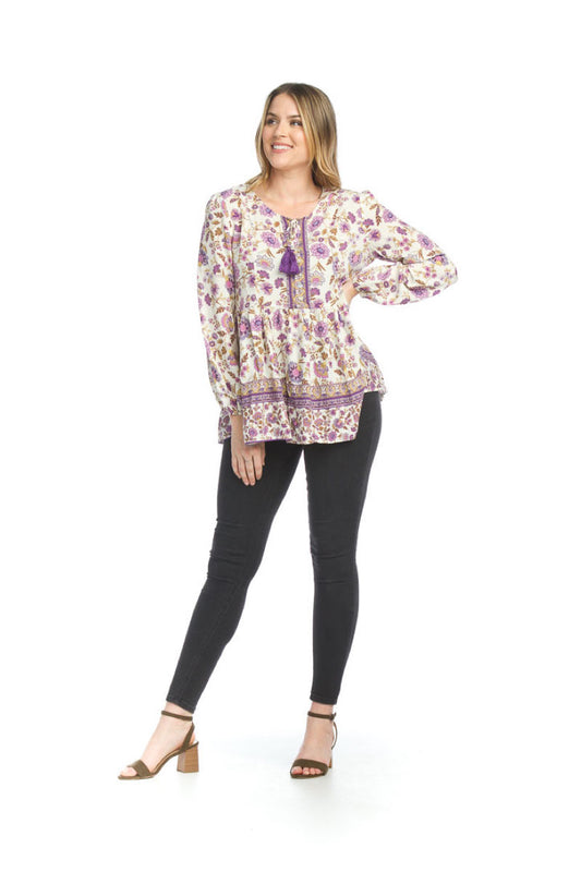 LILAC Border Print Floral Boho Top w Long Sleeves