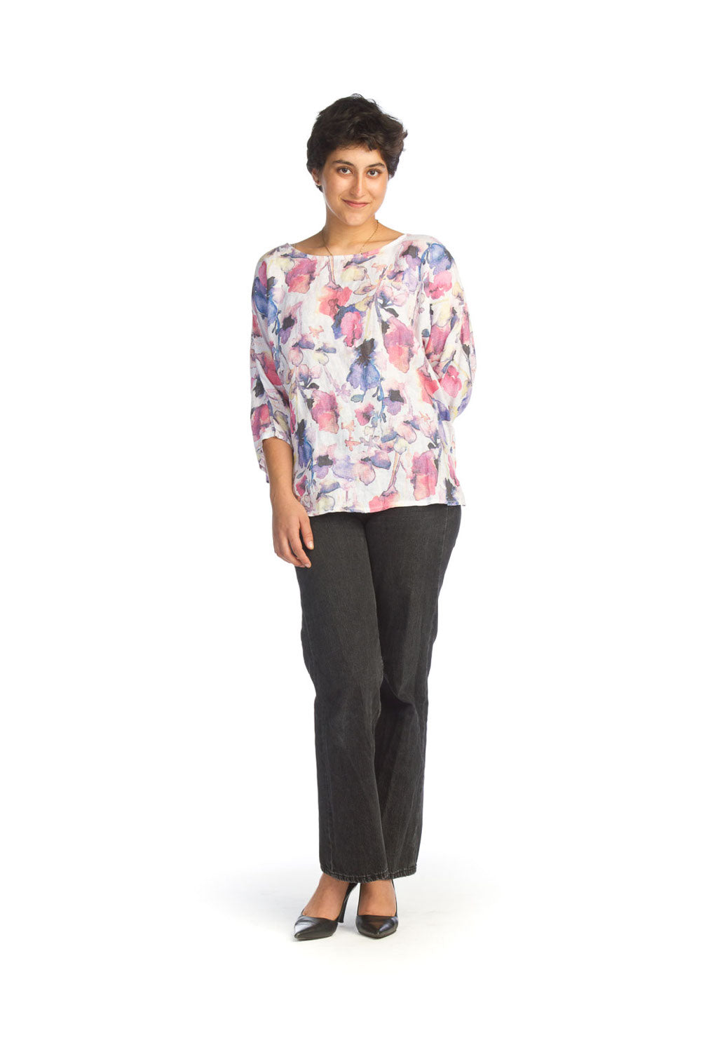 PINK Watercolor floral Linen Top