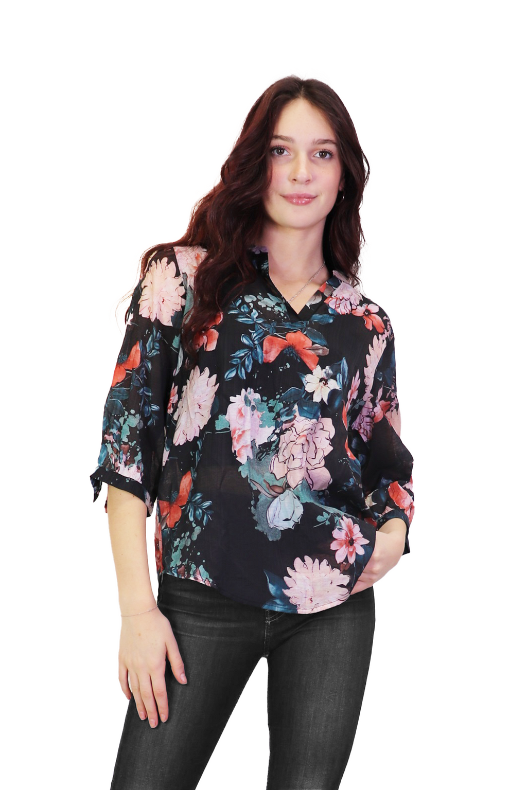 BLACK Floral Tab Sleeve Blouse