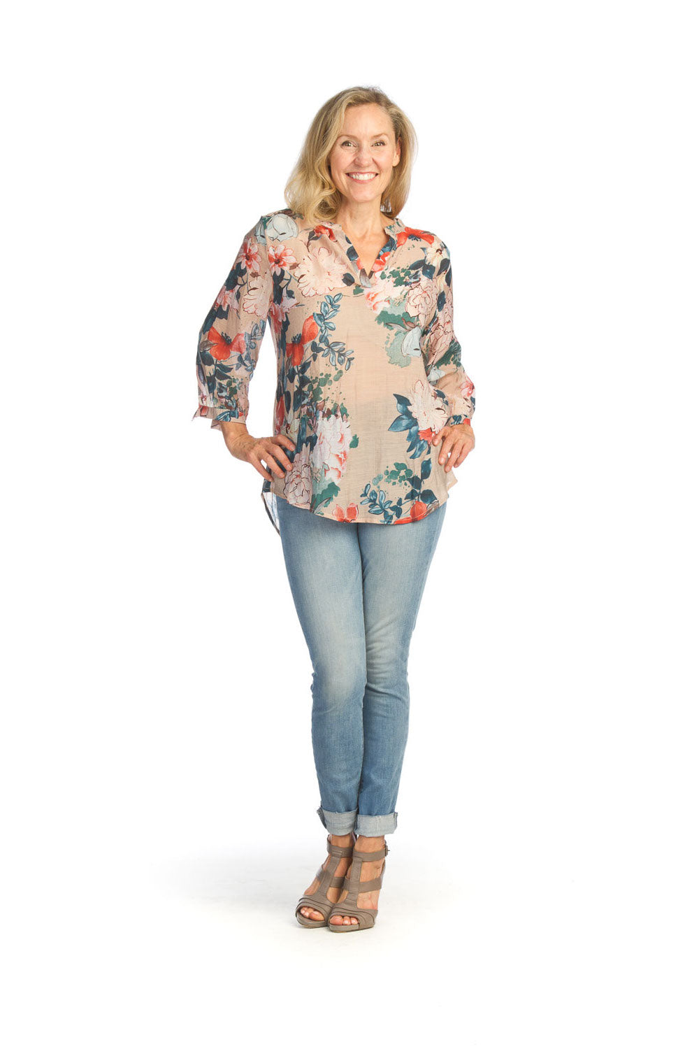 BLUSH Floral Tab Sleeve Blouse