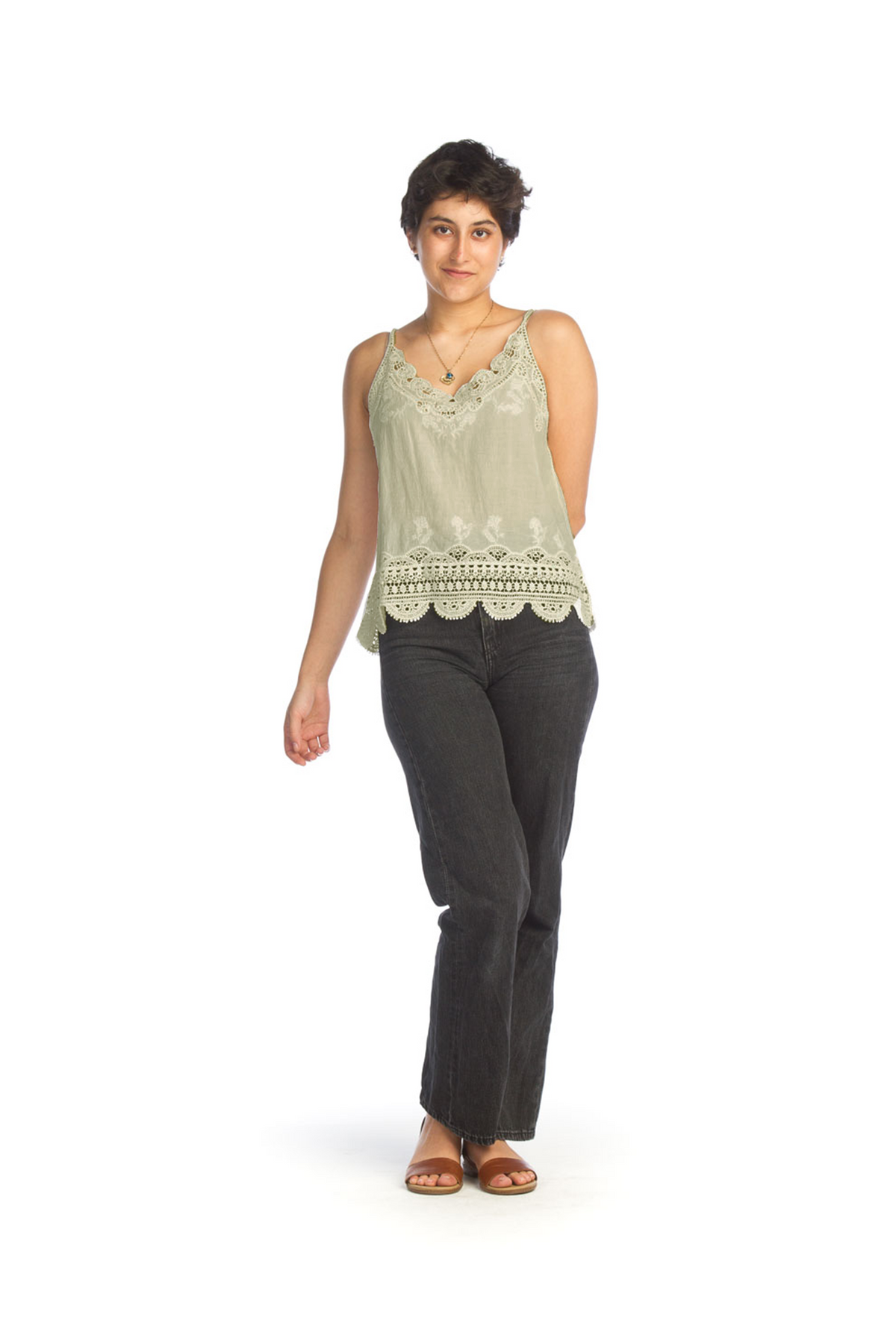 Embroidered Cami With Lace Trim