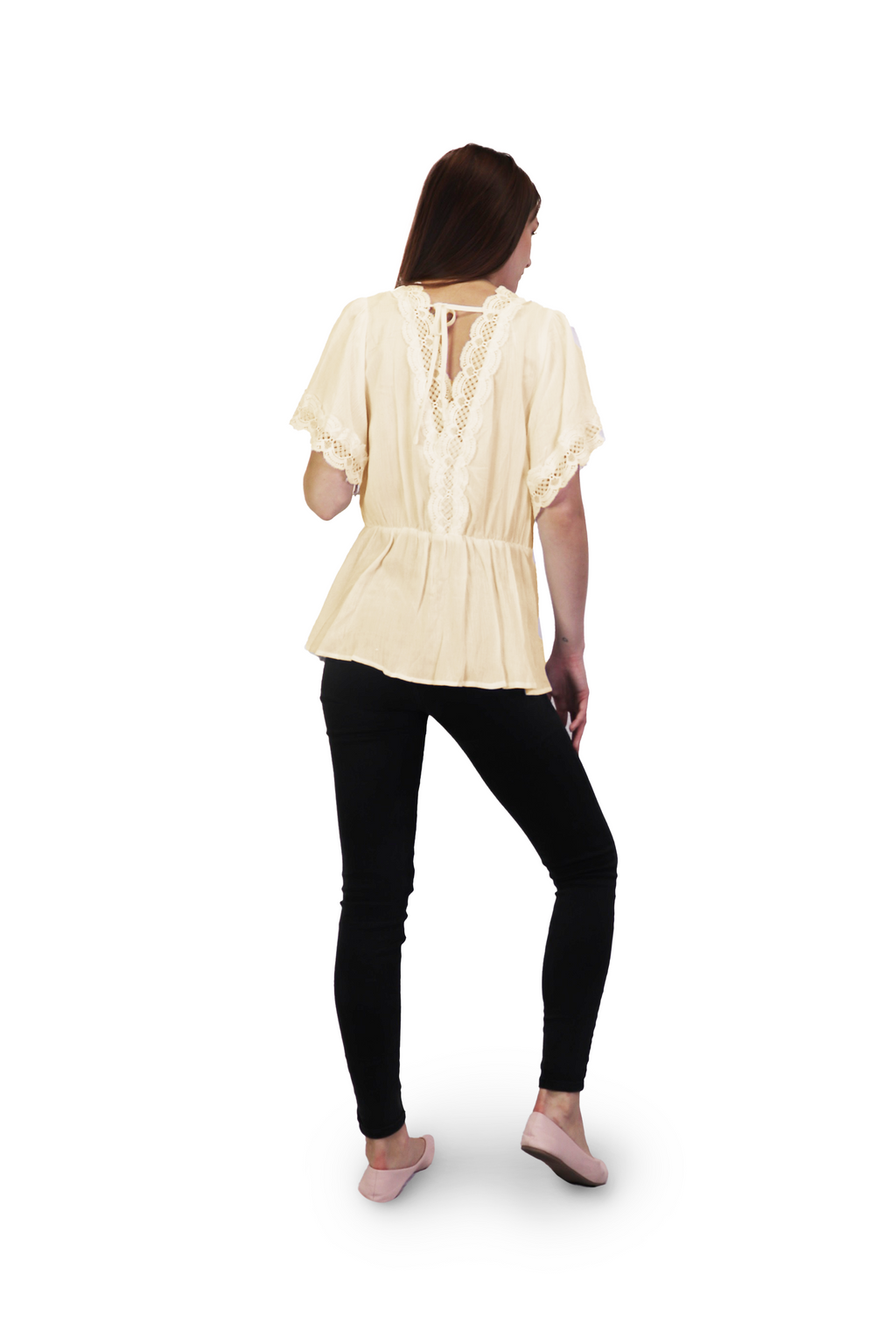 BEIGE Lace Detal Blouse with Elastic Waist