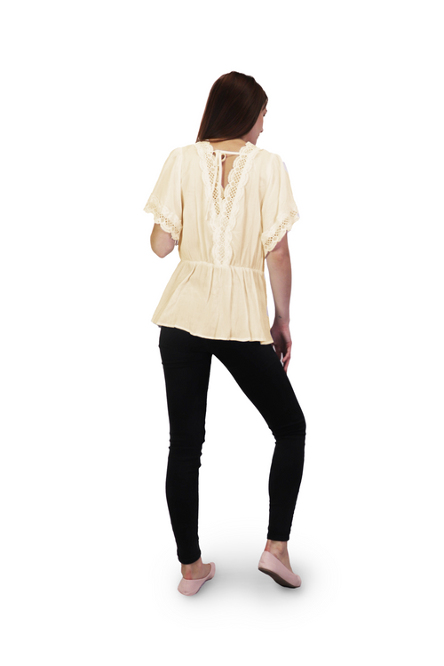 Beige Lace Detal Blouse with Elastic Waist