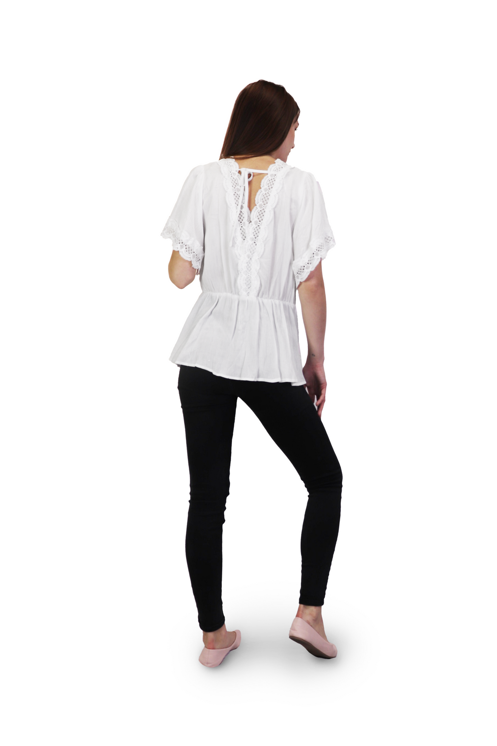 WHITE Lace Detal Blouse with Elastic Waist