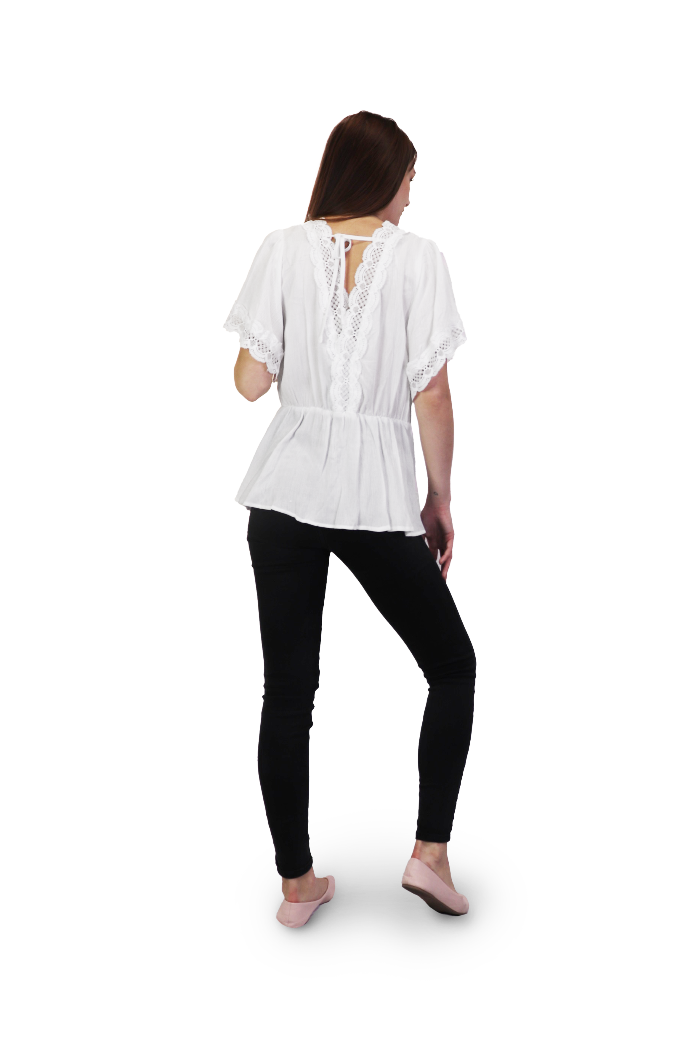 WHITE Lace Detal Blouse with Elastic Waist