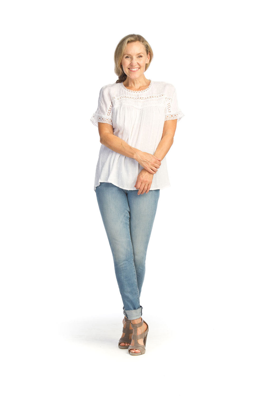 WHITE Swiss Dot Short Sleeve Blouse with Lace Inset