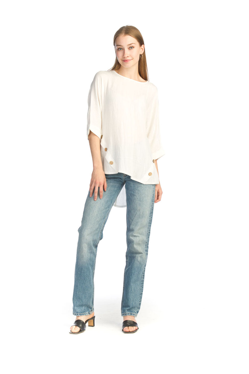 WHITE High Low Blouse with Side Button Detail