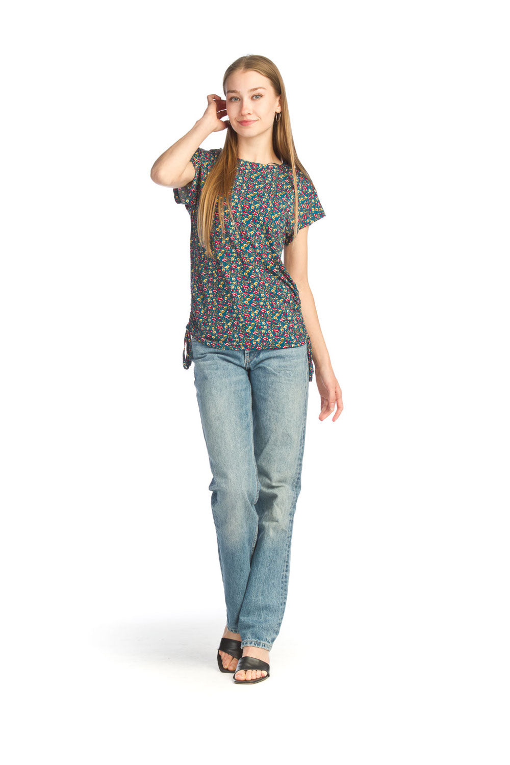 GREEN Floral Stretch T Shirt with Side Ruching Detail