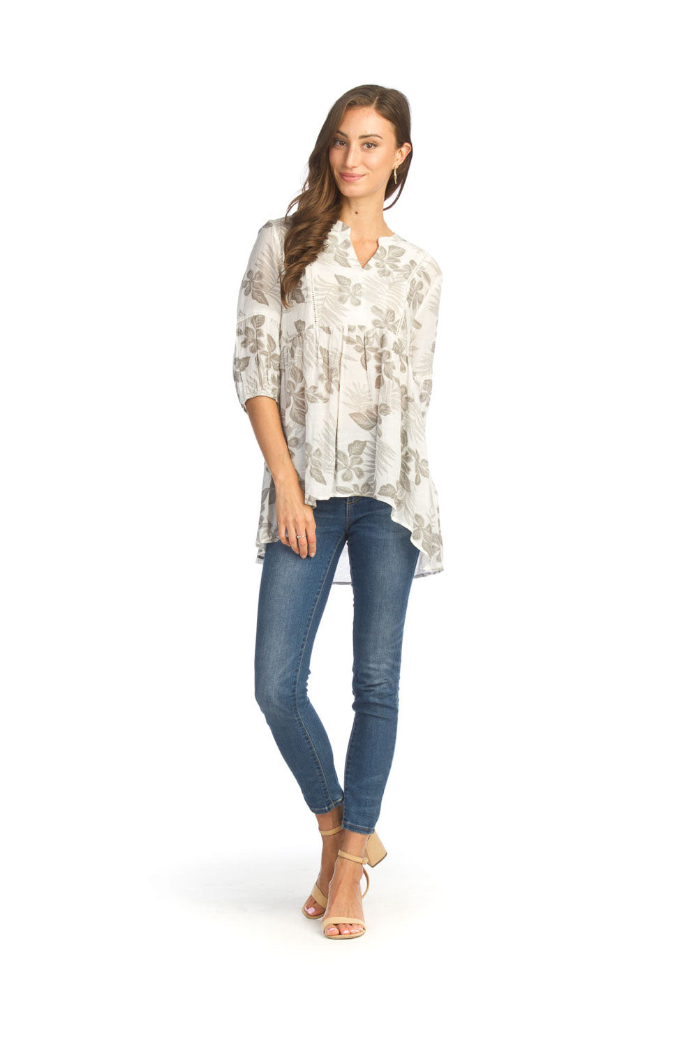 GREY Tropical flowy Blouse with Lace Inset Detail