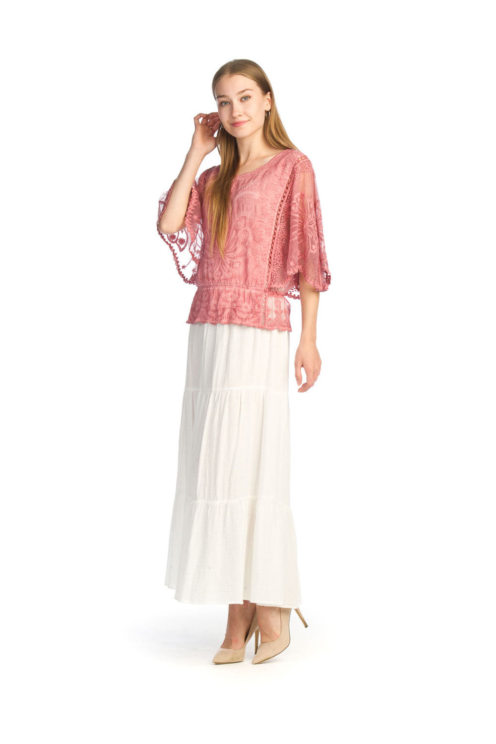 PINK Cotton Embroidered & Lace Blouse w Elastic Waist