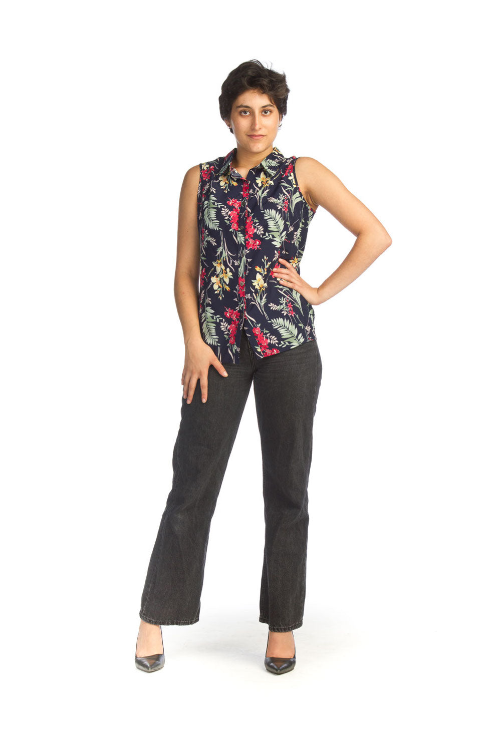 NAVY Tropical Print Button Front Collared Blouse