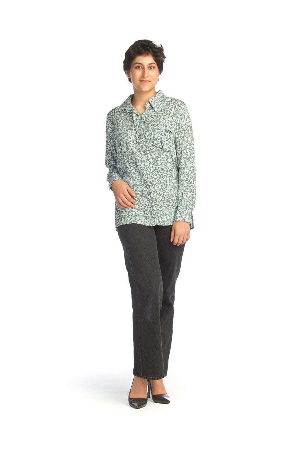 GREEN Ditsy Floral Collared Button Front Blouse