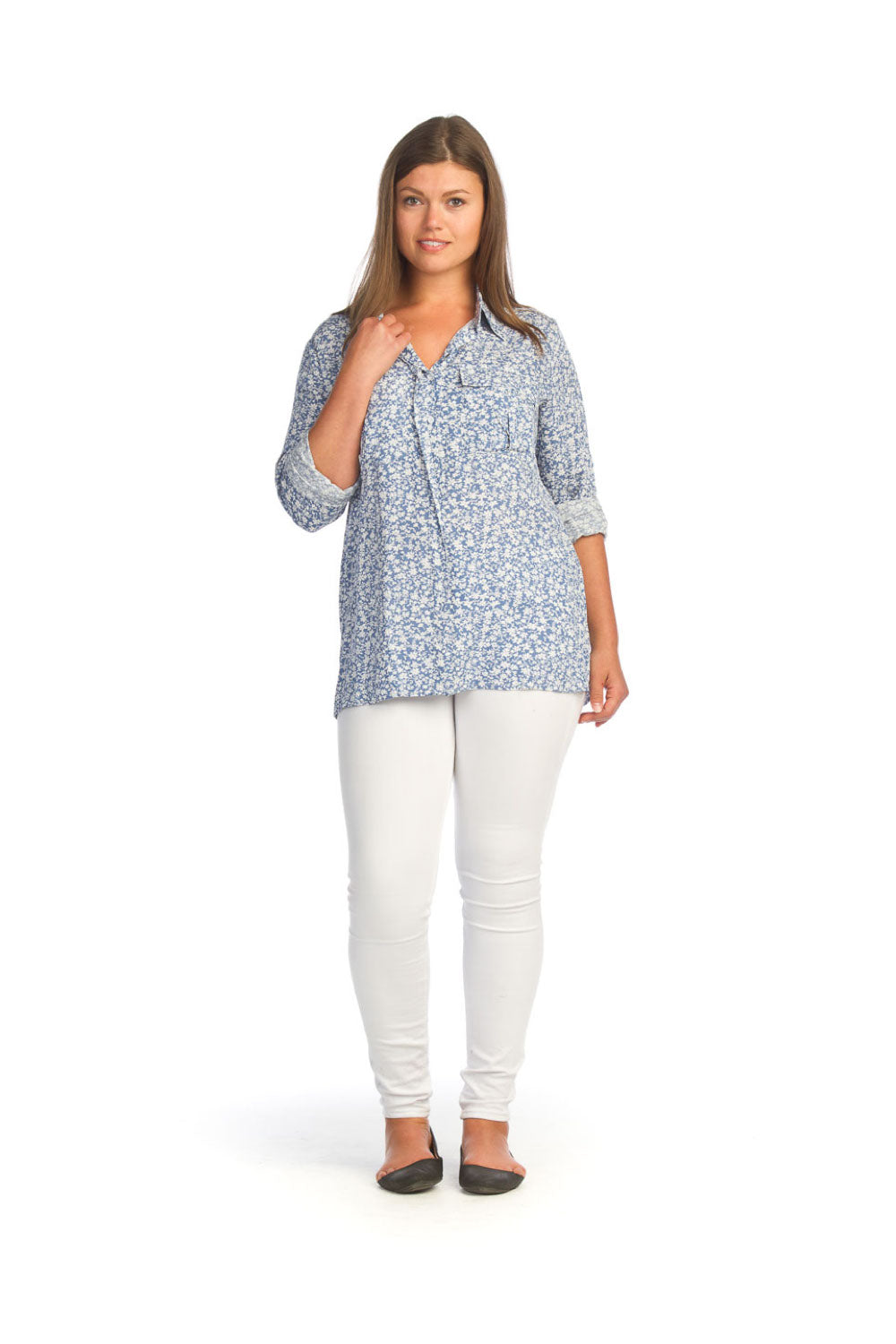BLUE Ditsy Floral Collared Button Front Blouse