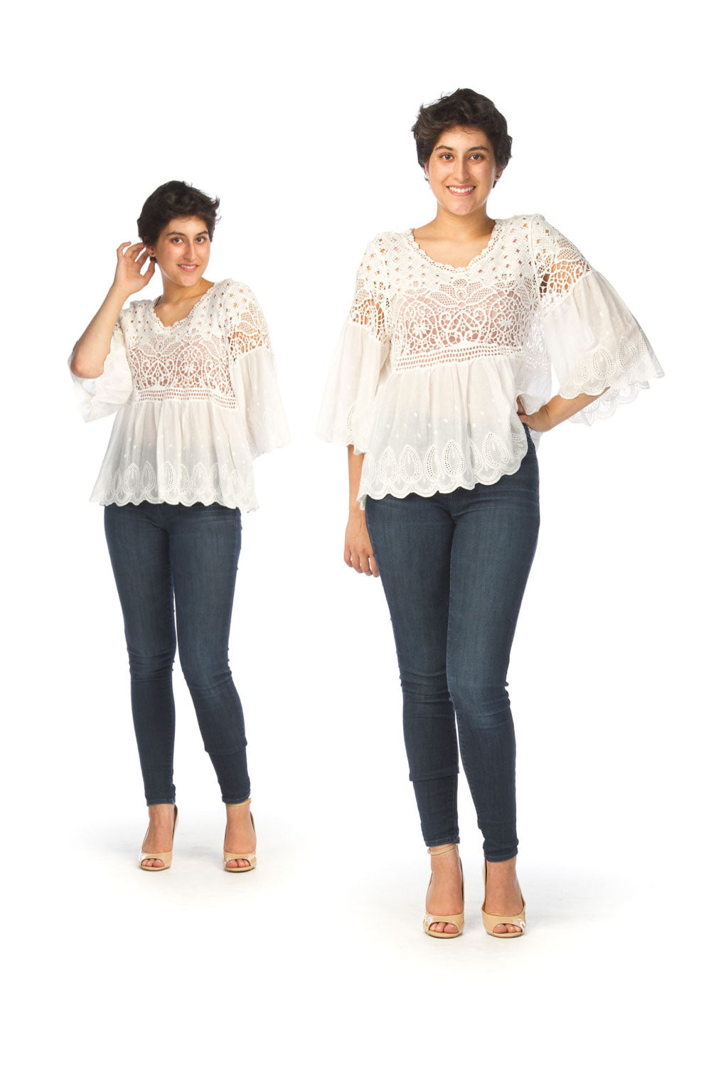 WHITE Cotton Open Crochet 3/4 Sleeve Blouse