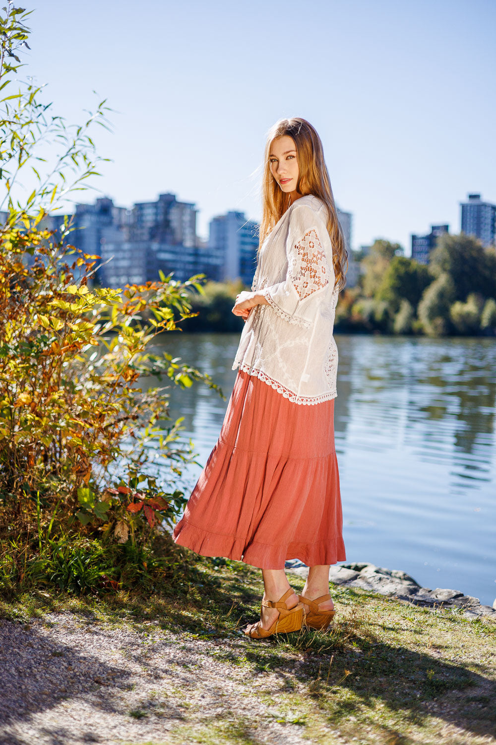 ROSEW Crinkle Midi Dress with Ruffle Hem