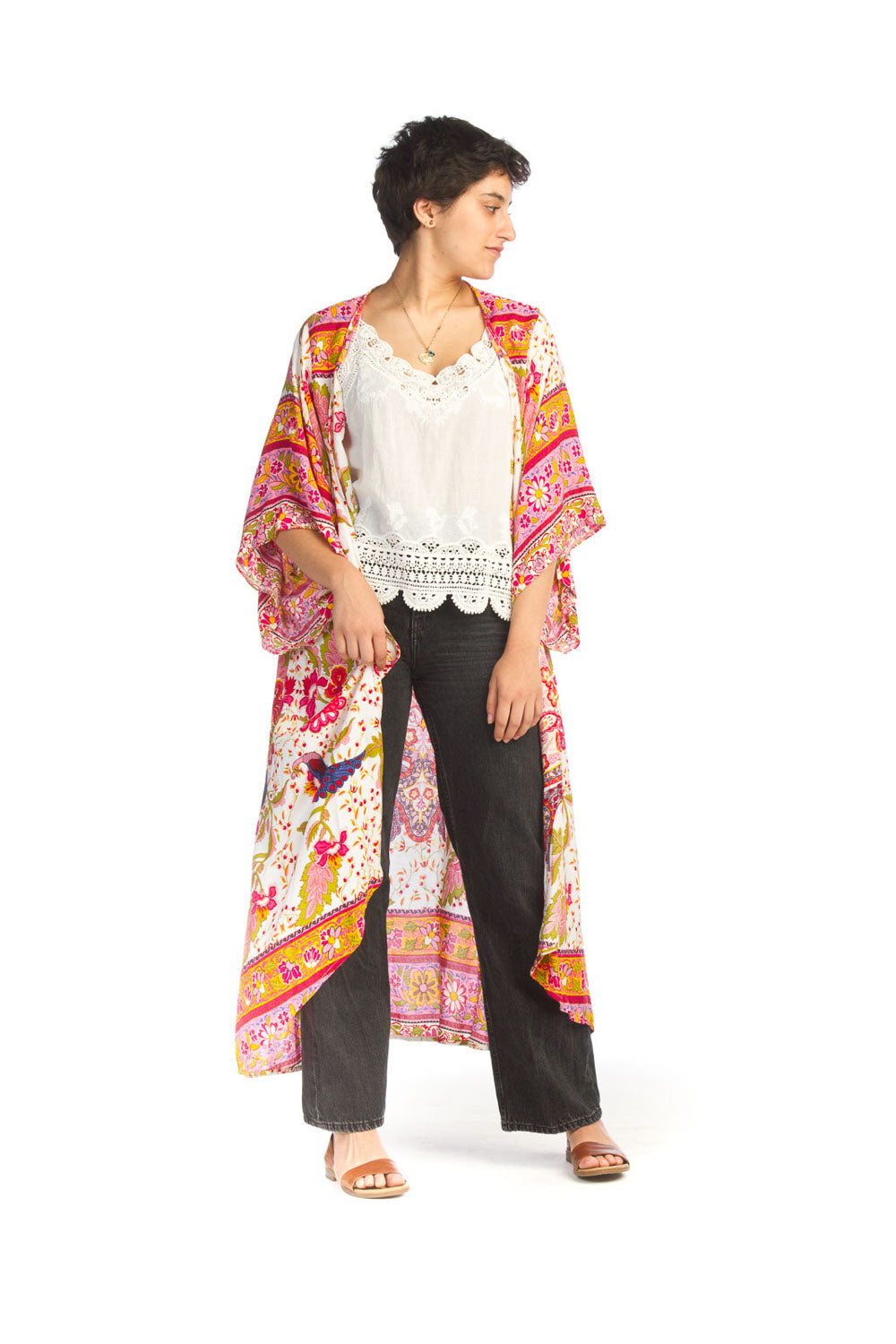 WHITE Floral & Peacock Printed Duster
