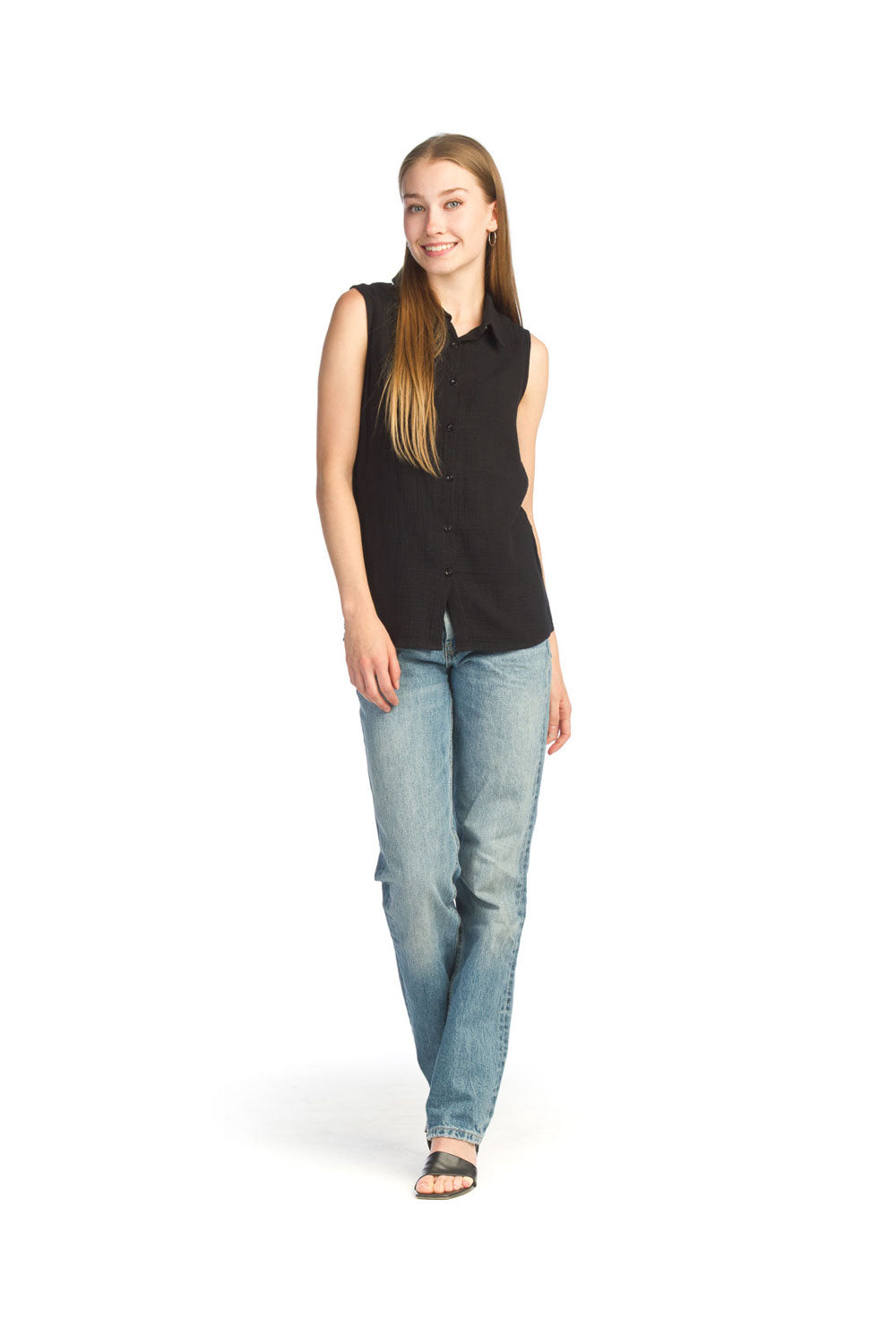 BLACK Cotton Gauge Sleeveless Collared Blouse