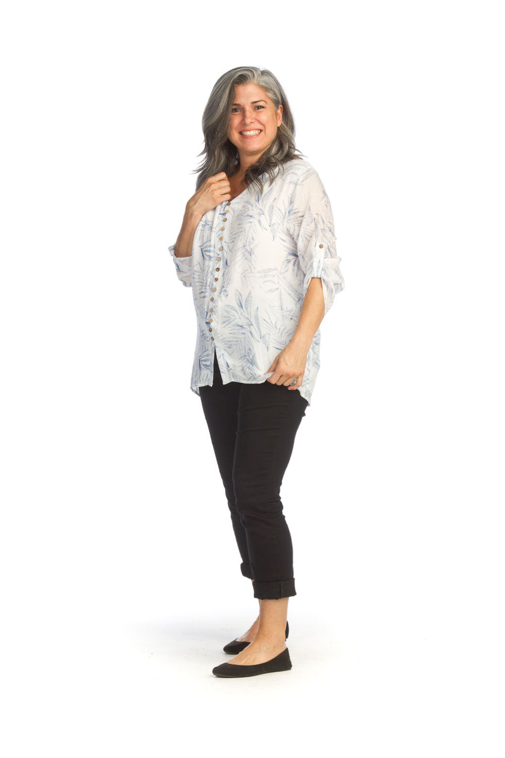 Blue Fern Print Crinkled Layered Tab Sleeve Blouse
